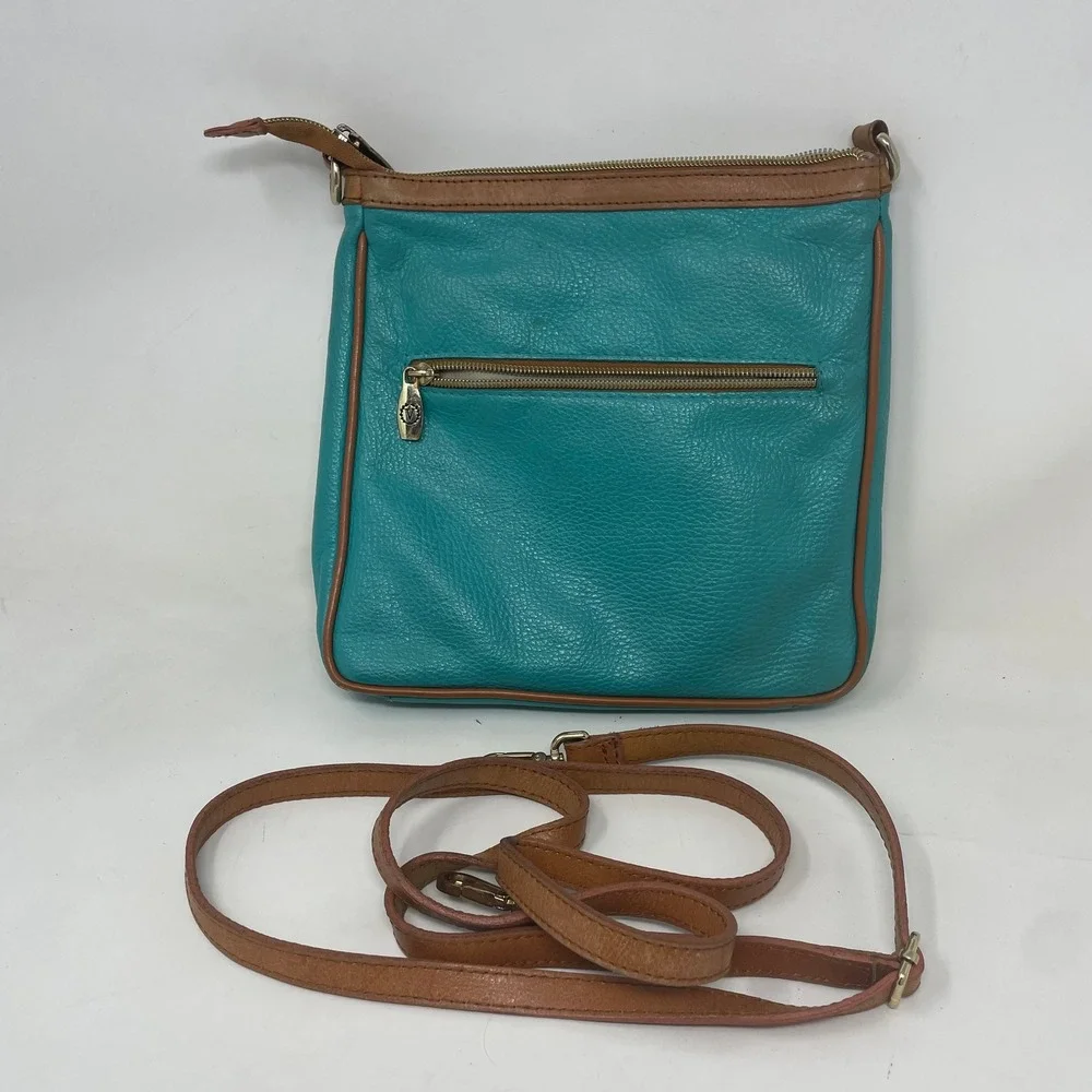 Valentina Italy Teal Blue Pebbled Leather Crossbody Bag Brown Trim Messenger